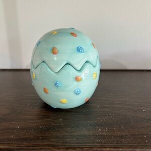 Vintage Blue Ceramic Decorative Egg Trinket Box with Polka Dots